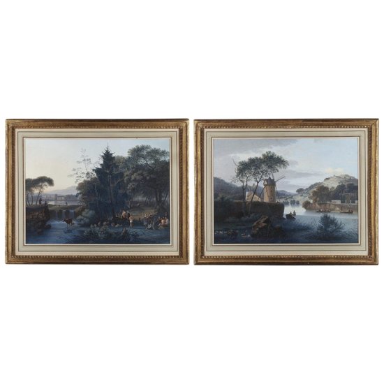 Paysage Au Moulin Et Pastorale, Gouaches Sur Papier