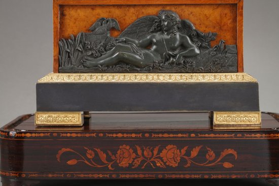 Large Elm burl and Bronze Lyre Clock