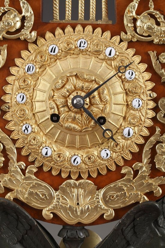 Large Elm burl and Bronze Lyre Clock