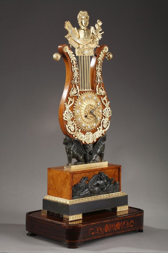 Large Elm burl and Bronze Lyre Clock