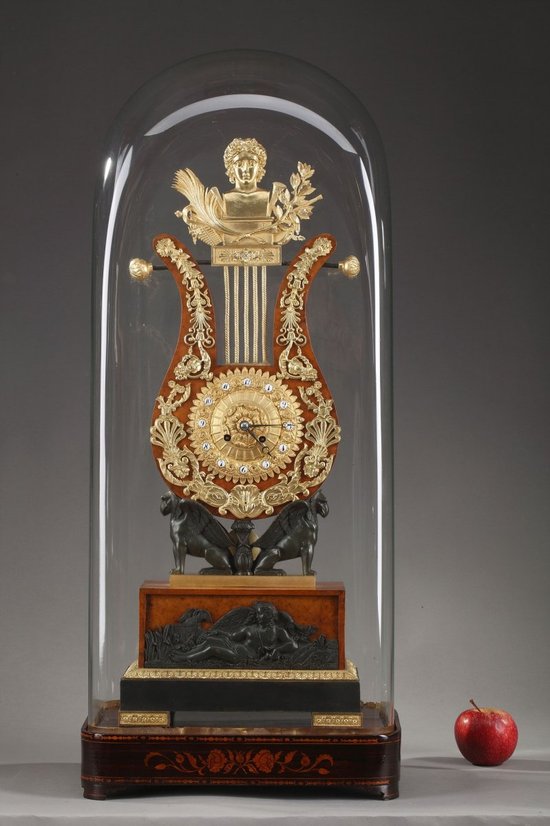 Large Elm burl and Bronze Lyre Clock