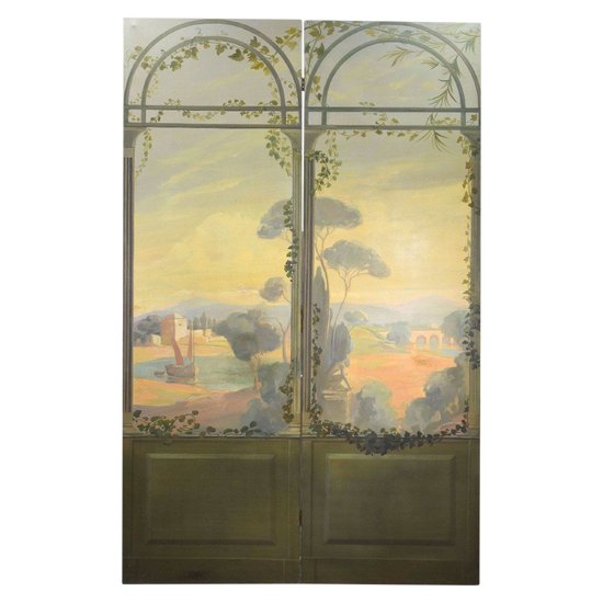 Pair Of Screens Painted Canvas Trompe l'oeil Circa 1900
