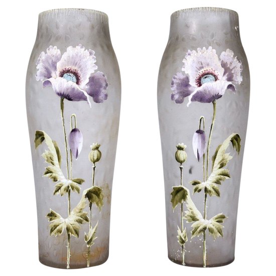 Frosted And Enamelled Glass Vase 1900 With Anemones