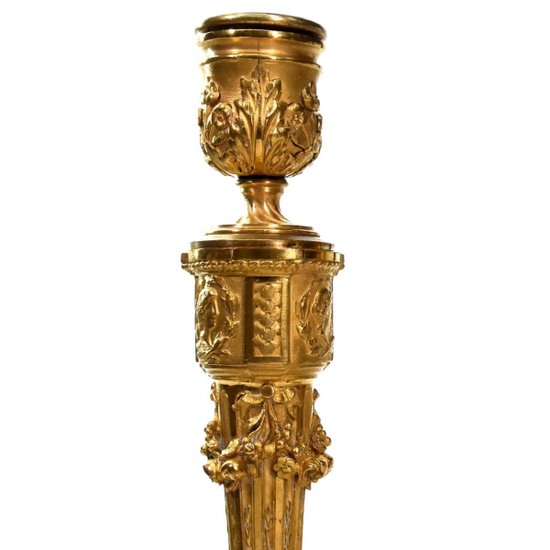 Pair Of Candlesticks In Gilded Bronze With Ornaments 19th Century