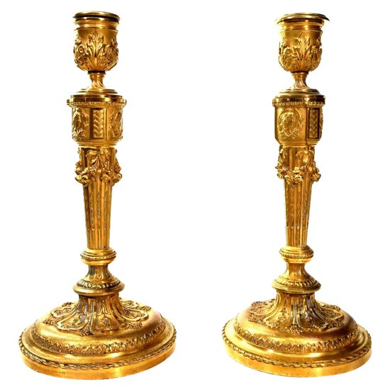 Pair Of Candlesticks In Gilded Bronze With Ornaments 19th Century