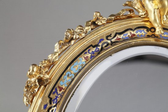 Golden Frame Mirror In Bronze Decorated With Cloisonné Enamels