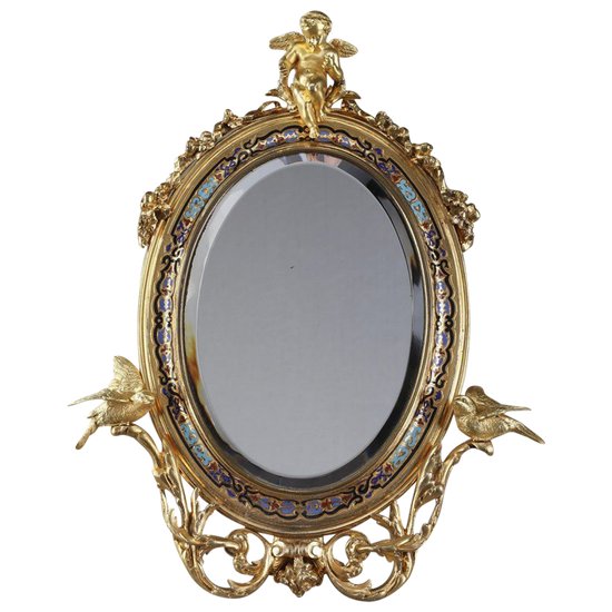 Golden Frame Mirror In Bronze Decorated With Cloisonné Enamels