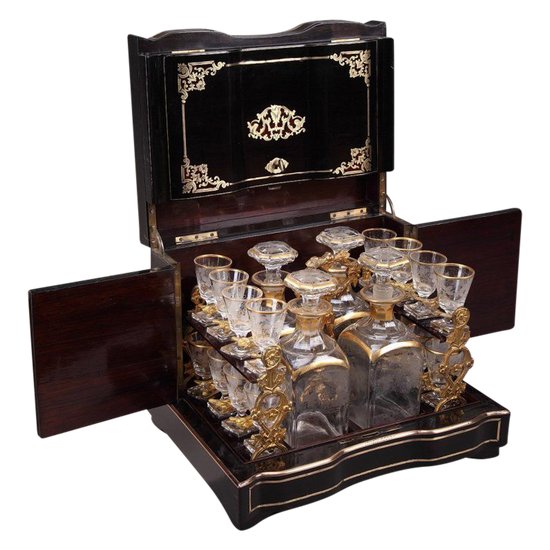 Napoleon III Wooden Liquor Cellar With Ebony And Brass Inlays