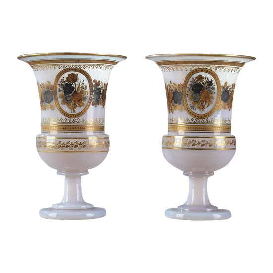 Pair Of Opaline Medici Vases With Desvignes Decoration