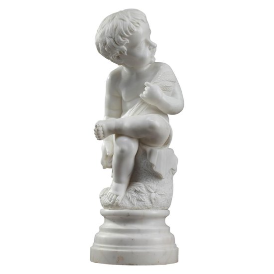 Skulptur Aus Weißem Marmor "Putto Mit Weizenähren".