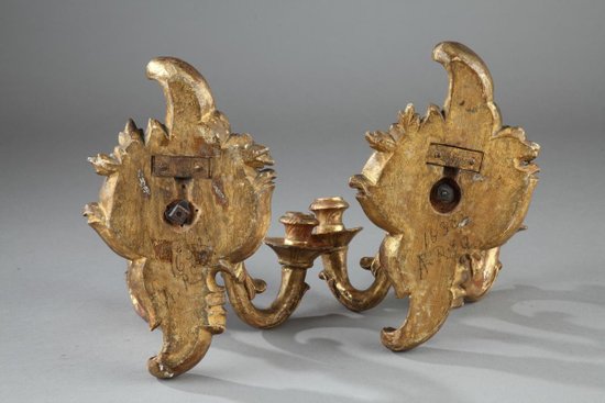 Appliques Anciennes à 2 Lumières En Bois Doré d'époque Louis XV