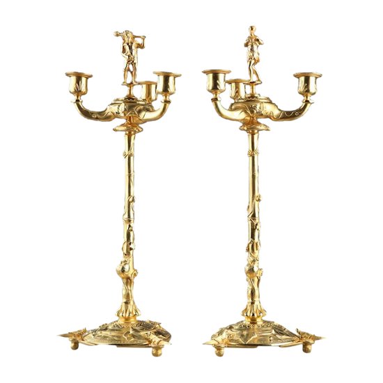 Naturalist Candlesticks In Gilt Bronze In The Taste Of Auguste Cain