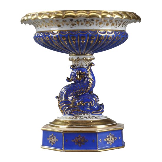 Antico Display Delfini In Porcellana Policroma E Oro, XIX Secolo