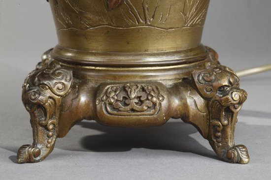 Paire De Lampe à Pétrole Ancienne à Décor d'Oiseaux Et De Fleurs Dans Le Style De Chine