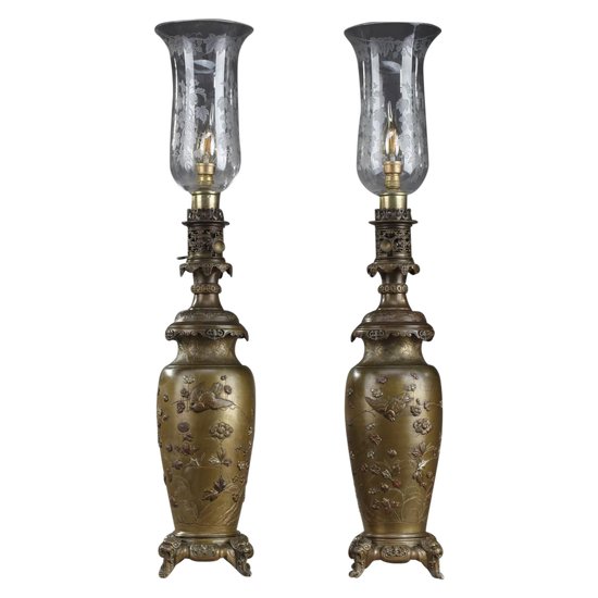 Paire De Lampe à Pétrole Ancienne à Décor d'Oiseaux Et De Fleurs Dans Le Style De Chine