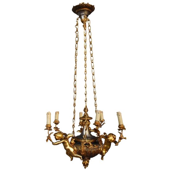             Lustre Aux Bébés Bronze Doré Napoléon III             