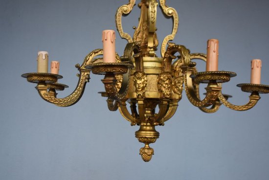             Magnificent Louis XIV Chandelier Napoleon III In Gilt Bronze Heads