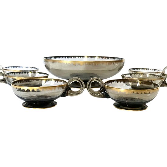 Fruit punch bowl set "Smoked Quartz" and gold glass