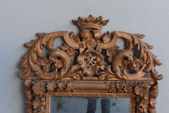 Specchio Luigi XIV In Legno Intagliato E Dorato XVIII Volta