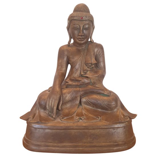 Bouddha , Terre Cuite Patiné Bronze , Signé , Début XX°.