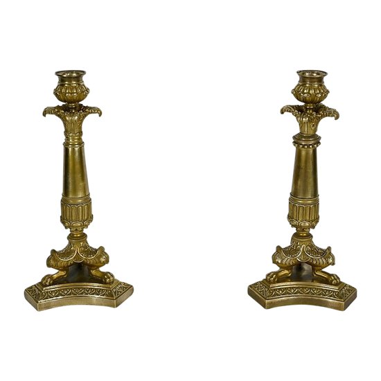 Pair of bronze candlesticks, Restoration period - Early 19th century