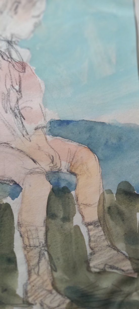 Dessin d'Yvonne Brudo Esquisse pierre noire avec rehauts aquarelle / (XIX-XX)