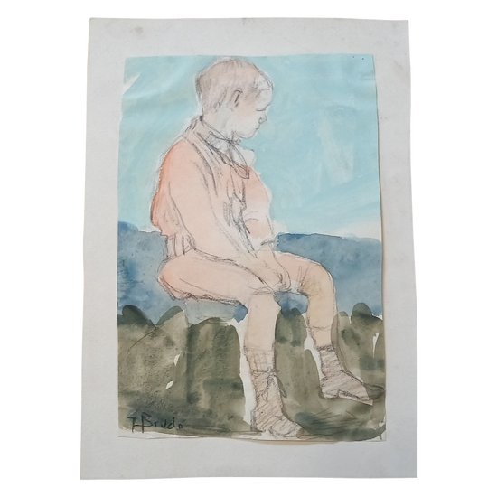 Dessin d'Yvonne Brudo Esquisse pierre noire avec rehauts aquarelle / (XIX-XX)