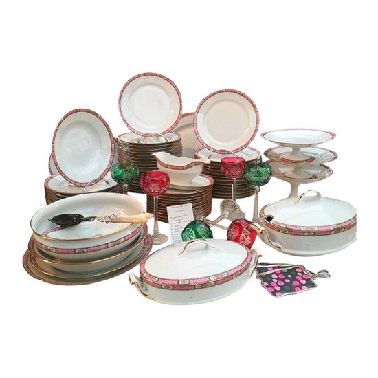 Servizio da tavola in porcellana bianca con bordo decoro floreale rosa 69 pezzi Limoges C&M