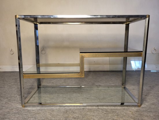 Scaffale espositivo anni '70 in metallo e vetro fumé