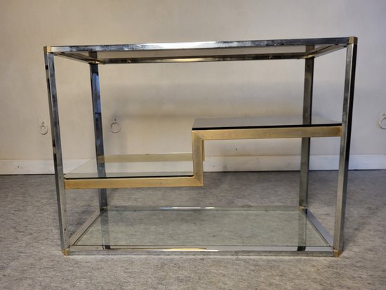 Scaffale espositivo anni '70 in metallo e vetro fumé