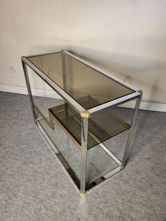Scaffale espositivo anni '70 in metallo e vetro fumé