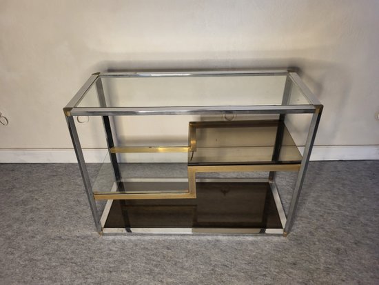 Scaffale espositivo anni '70 in metallo e vetro fumé