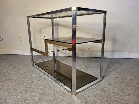 Scaffale espositivo anni '70 in metallo e vetro fumé