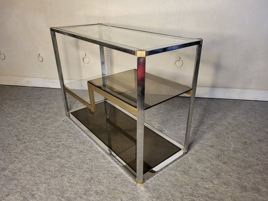 Scaffale espositivo anni '70 in metallo e vetro fumé