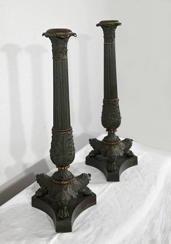 Pair of Bronze Candlesticks, Restoration period - Early 19th century