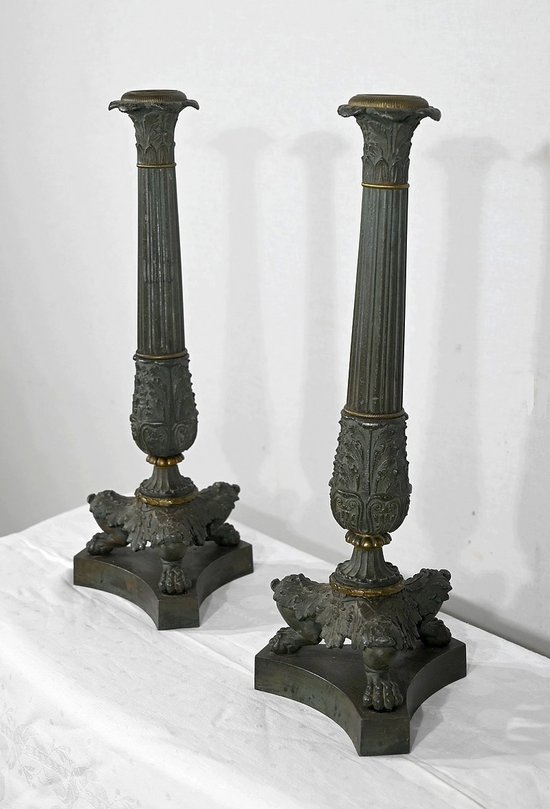 Pair of Bronze Candlesticks, Restoration period - Early 19th century
