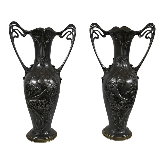 Importante coppia di vasi in peltro, Art Nouveau - 1900