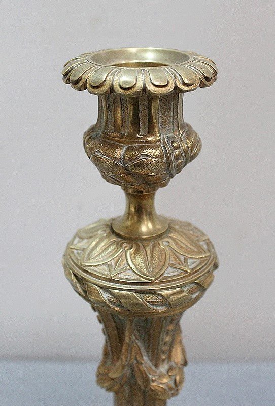 Paire de Flambeaux en Bronze Doré, style Louis XVI - XIXe
