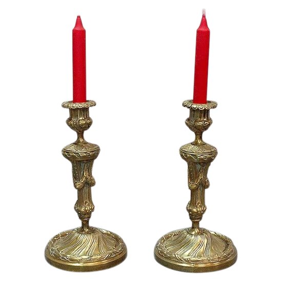 Pair of Gilded Bronze Torches, Louis XVI style - 19th century