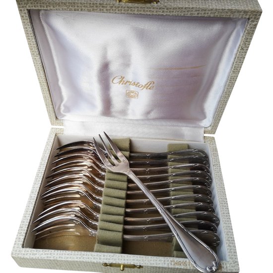 12 silver plated cake forks, "Ribbons" model, Christofle goldsmith's shop