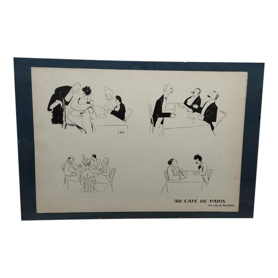 Lithograph under glass signed by SEM- "Au café de paris "circa 1900