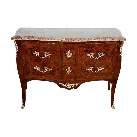 Kommode mit Sauteuse aus Edelholz, gestempelt P. Migeon, Epoche Louis XV - 1. Hälfte des 18.