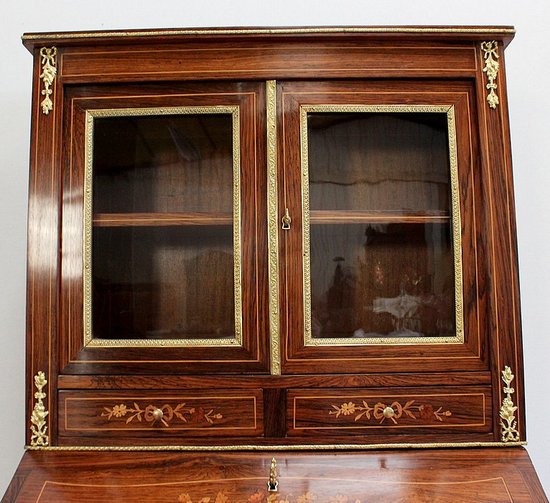Piccola Vetrina Scrivania in Palissandro e Intarsio, Periodo Napoleone III - Metà XIX Secolo