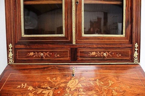 Piccola Vetrina Scrivania in Palissandro e Intarsio, Periodo Napoleone III - Metà XIX Secolo