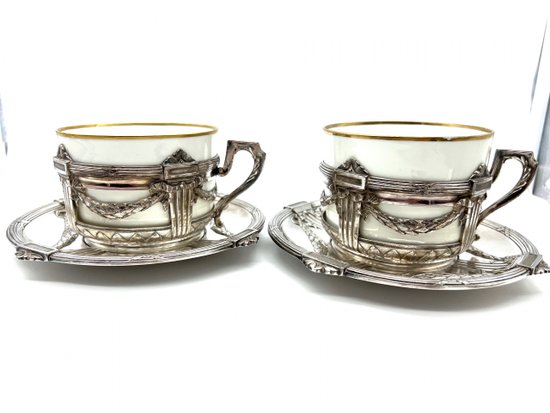 Pair of porcelain cups with Christofle Gallia mount