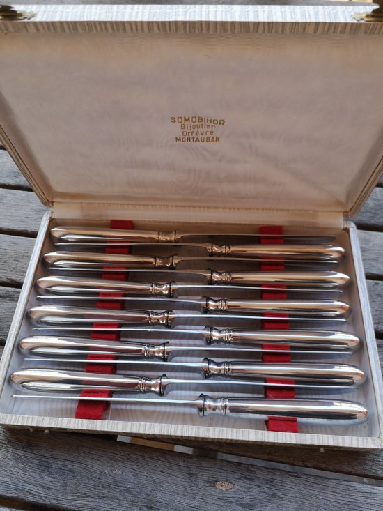 Ecrin : 12 couteaux à dessert en métal argenté modèle Baguette orfèvrerie Saint Médard