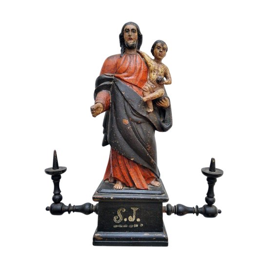 Statue of St. Joseph with the Child Jesus Wood Carved 18 Century