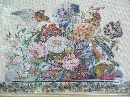 Embroidery framed with a flowered basket and birds, 19th century