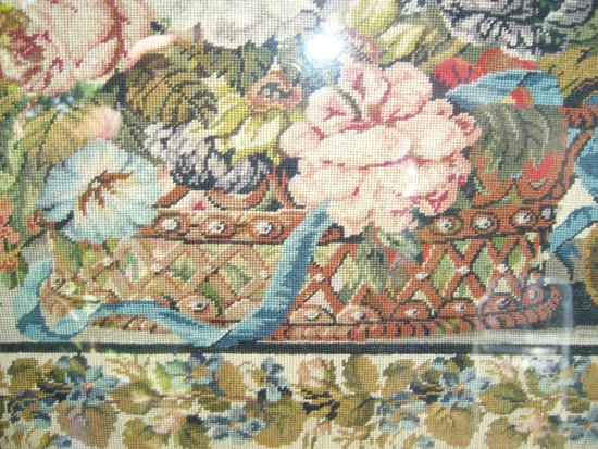 Embroidery framed with a flowered basket and birds, 19th century