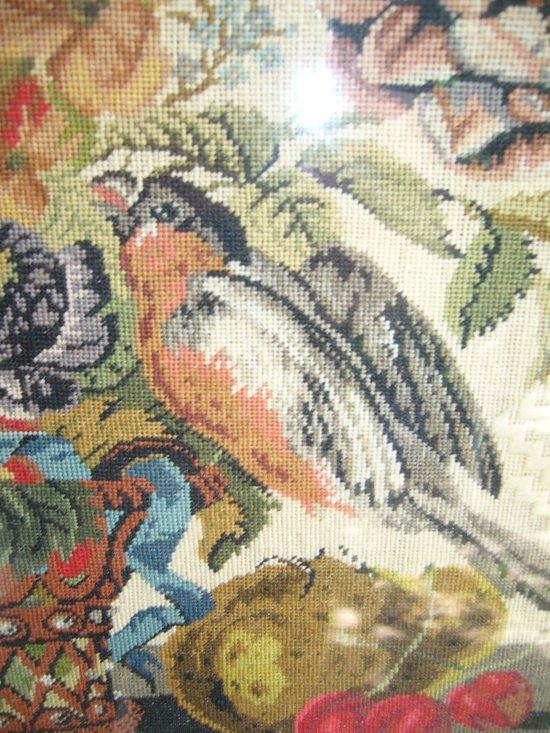 Embroidery framed with a flowered basket and birds, 19th century